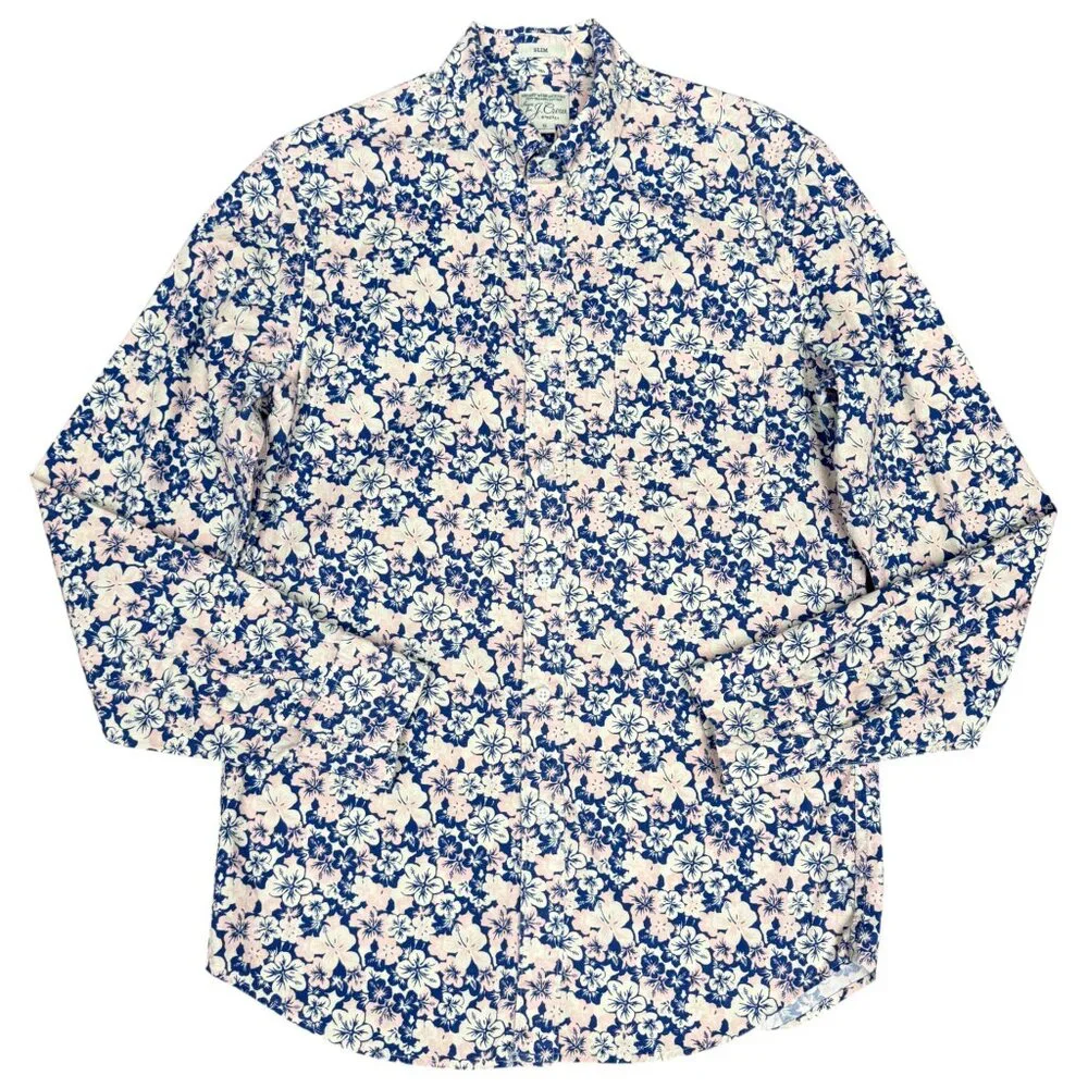 J. CREW Men's EUC Organic Cotton Slim Stretch Long Sleeve Hawaiian Shirt | Small